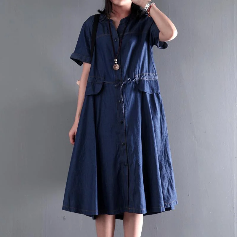 Navy blue summer denim maxi dress plus size denim sundress short sleeve fit flare dress