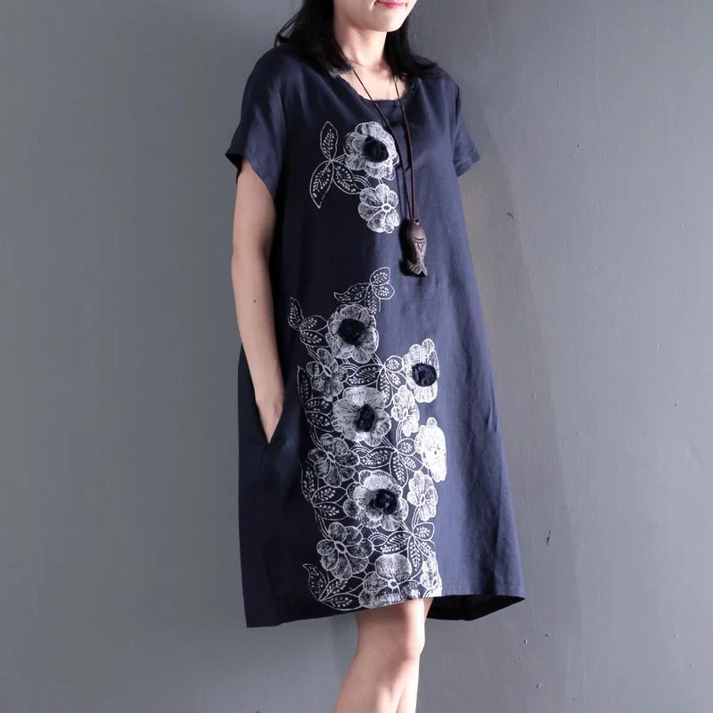 Navy Embroideries flower linen sundresses summer shift dress blouse