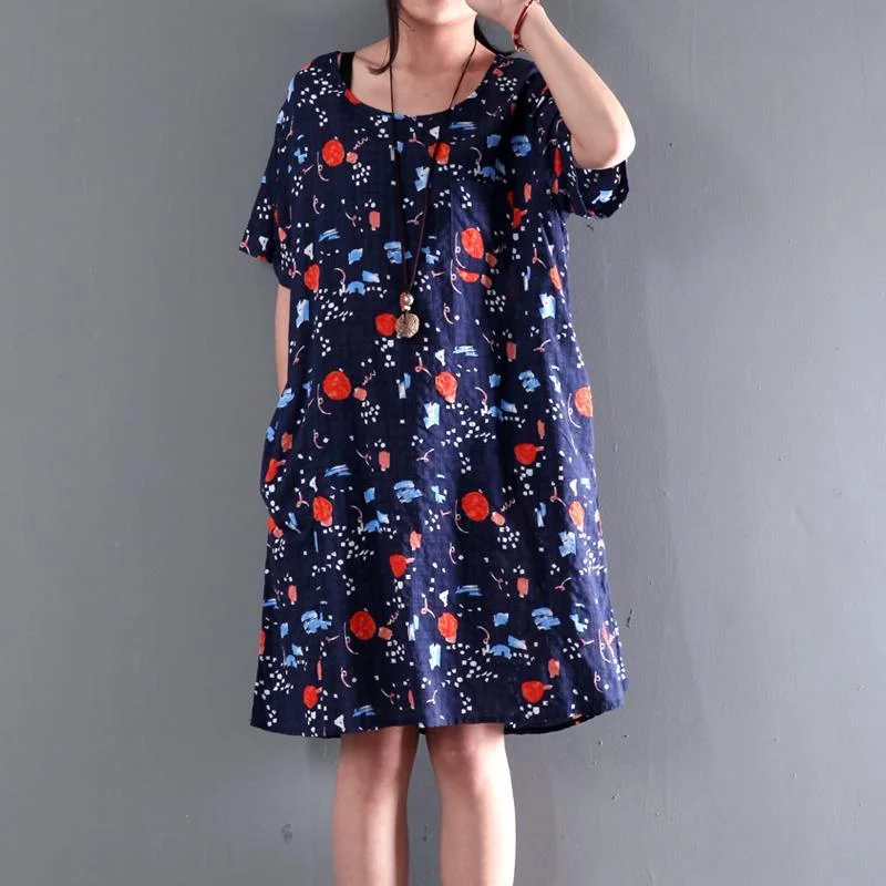 Navy print cotton dress for summer short shift dress plus size