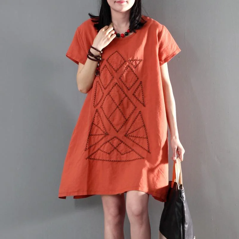 New orange linen sundress loose causal summer dresses short sleeve blouse