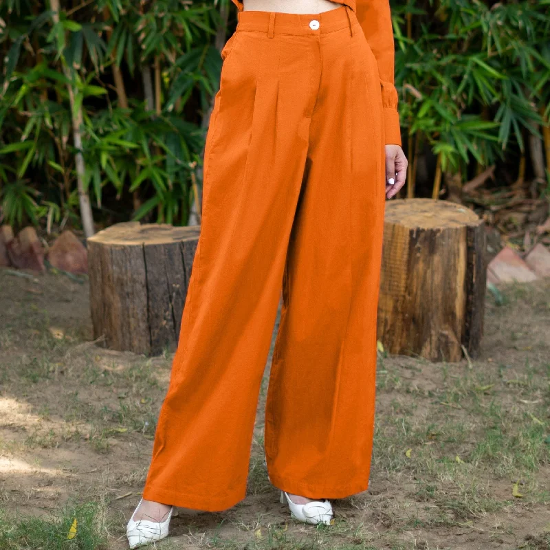 Orange Cotton Poplin High-Rise Elasticated Pleated Wide Legged Pant