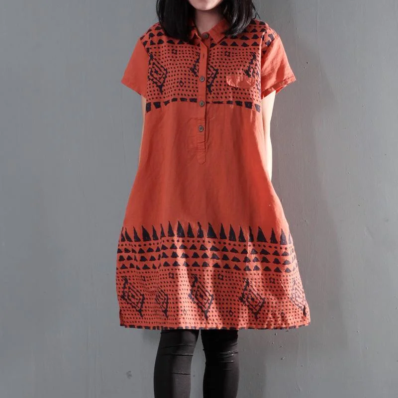 Orange print floral linen shift dress summer shirt dresses plus size