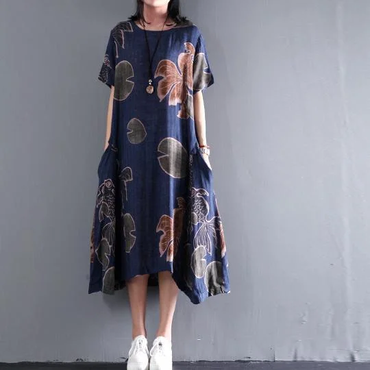 Original Navy floral print linen sundress plus size summer maxi dresses caftan gown