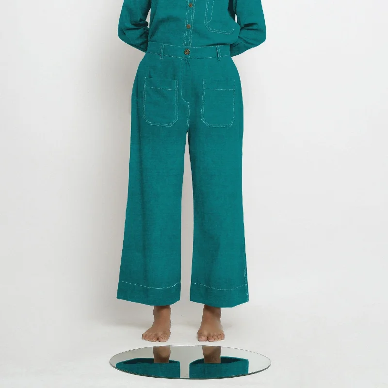 Pine Green Cotton Linen Patch Pocket Wide Legged Pant