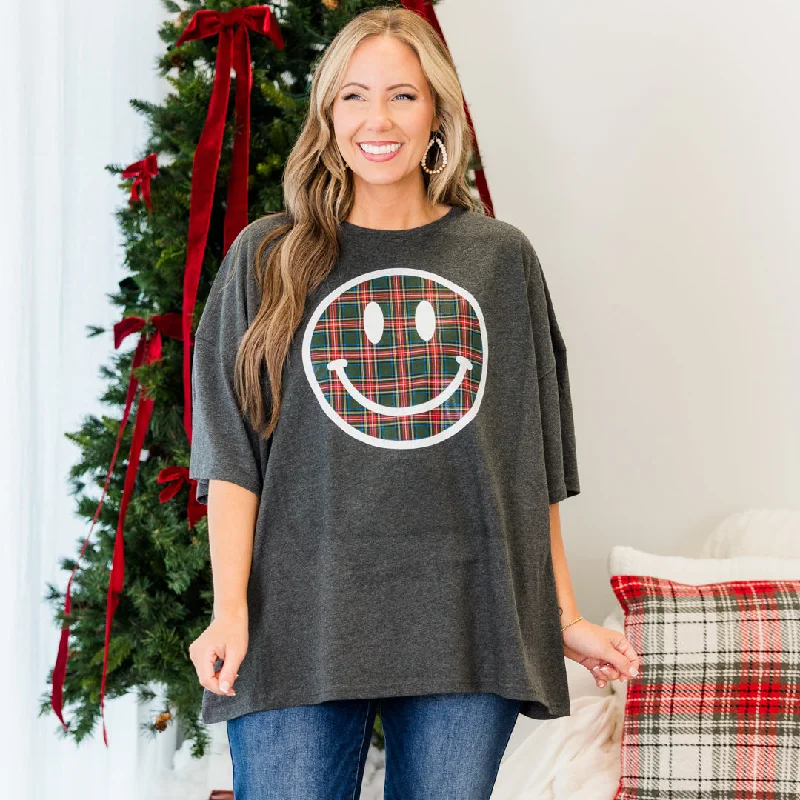 Plaid Smiley Boyfriend Tee, Charcoal