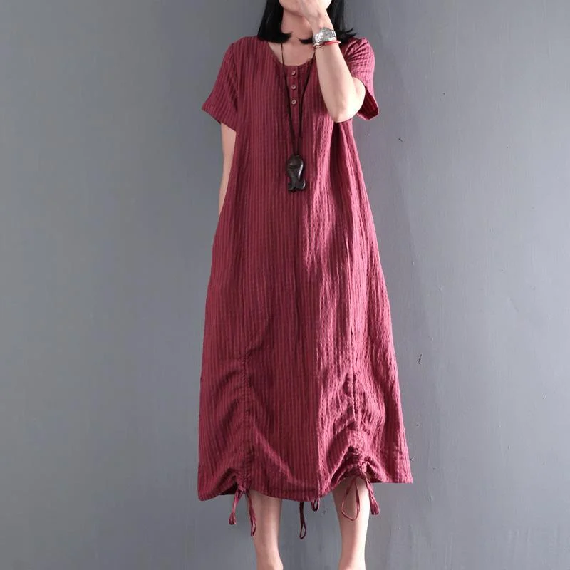 Plus size burgundy linen long sundress causal summer linen dresses drawstring at the hem