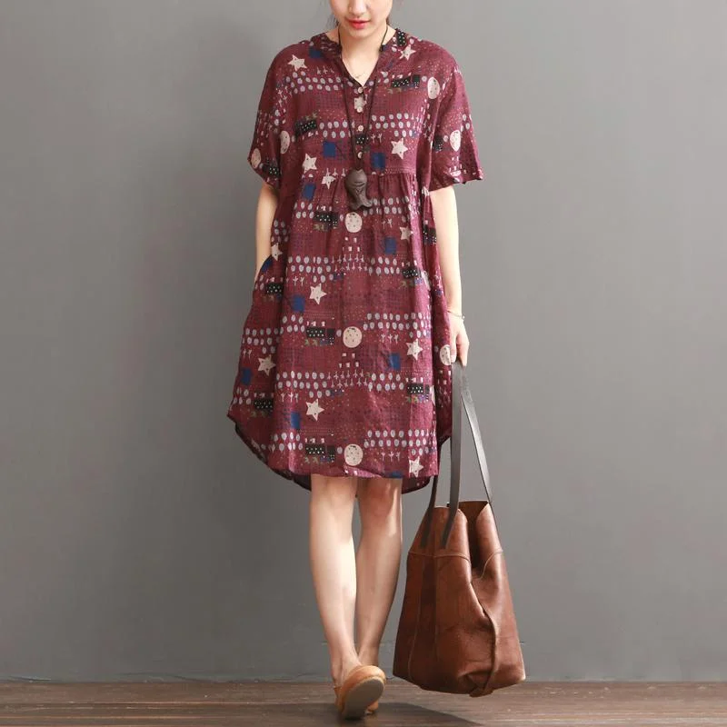 Plus size print summer dress loose fit shift dresses burgundy