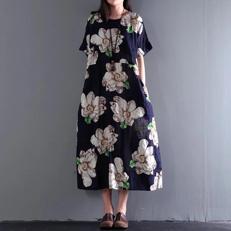 Plus Size Vintage Summer Floral Linen Maxi Dress