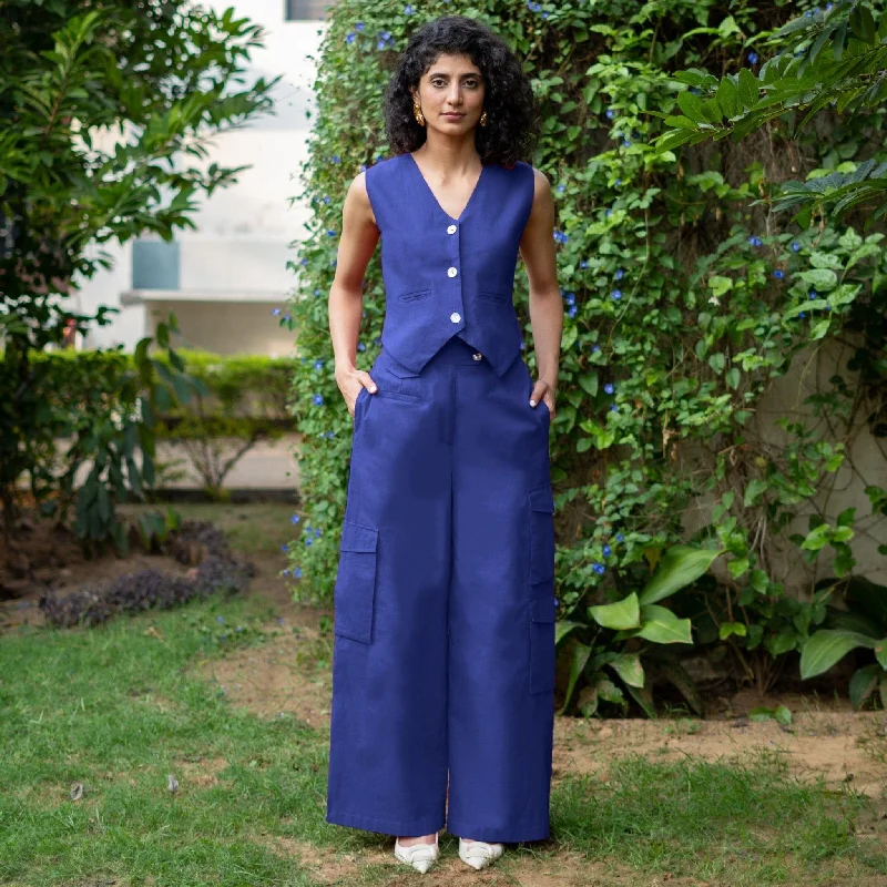 Royal Blue Cotton Poplin High-Rise Elasticated Wide Legged Cargo Pant