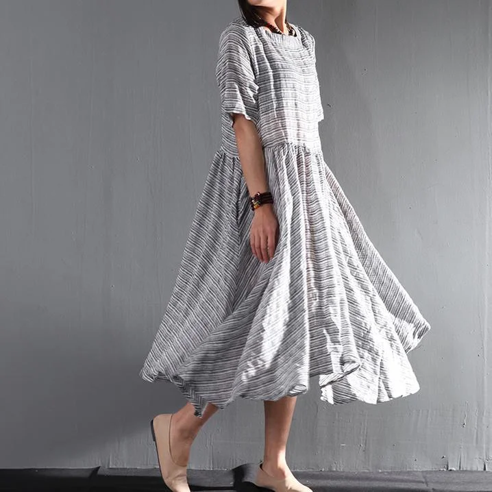 Striped gray flown linen sundress long causal summer maxi dresses oversize