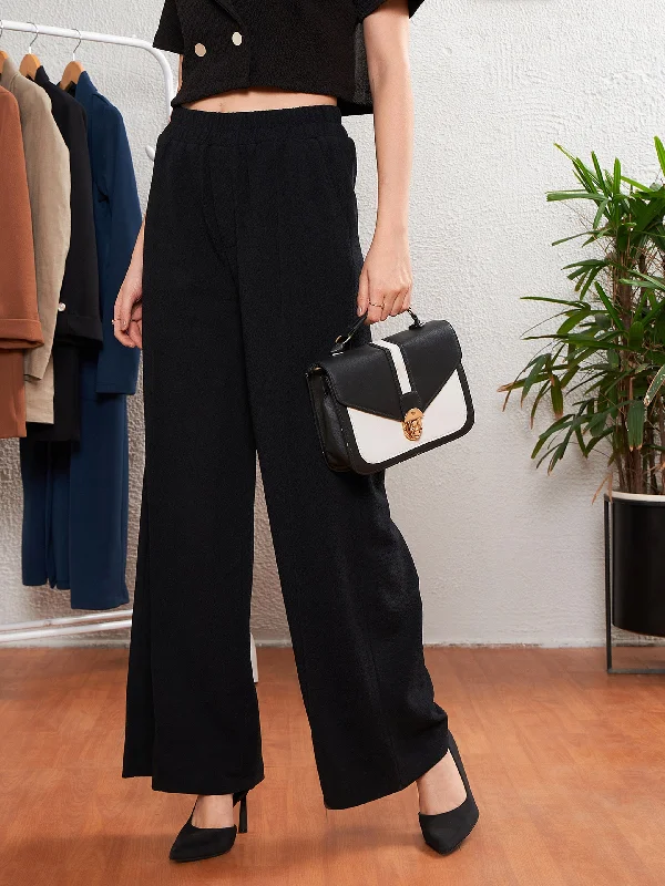 Women Black Front Darted Palazzo Pants