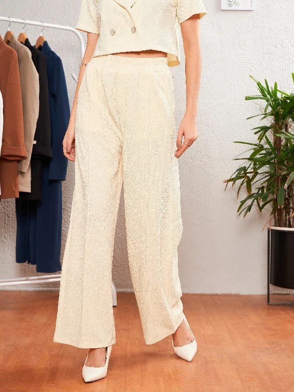 Women Cream Front Darted Palazzo Pants