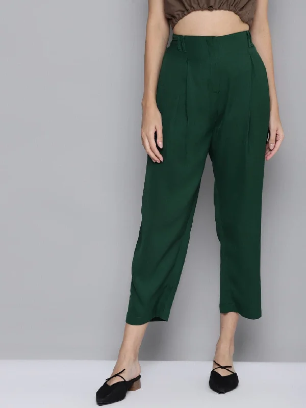 Women Emerald Green Front Zip Detail Pants