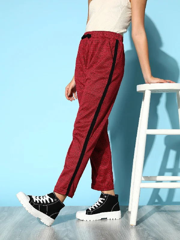 Women Red Check Side Tape Jacquard Pants