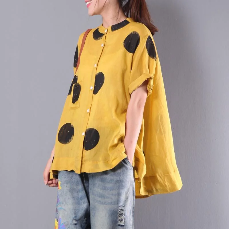 Yellow Casual Summer Linen Tops Plus Size Stylish Blouse O Neck Shirts